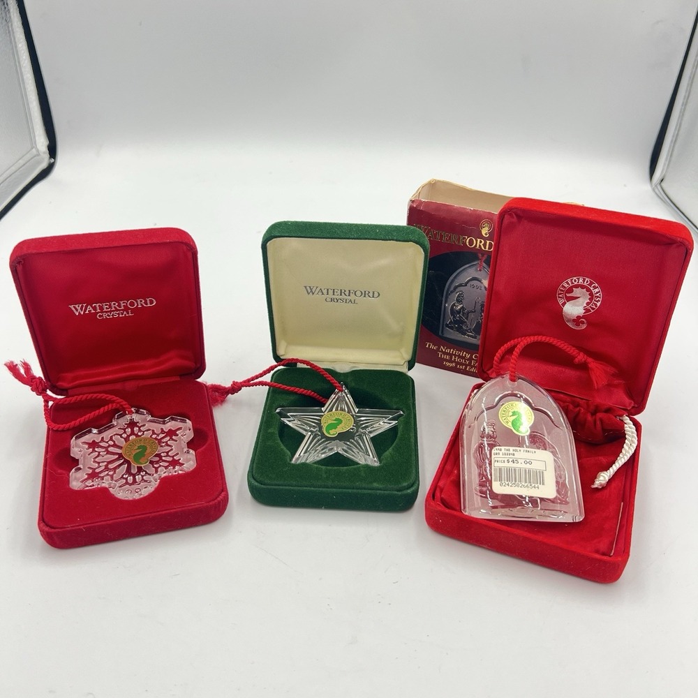 Waterford Crystal Ornament Lot 1995 Snowflake & Star & 1998 Holy Family w/ Boxes